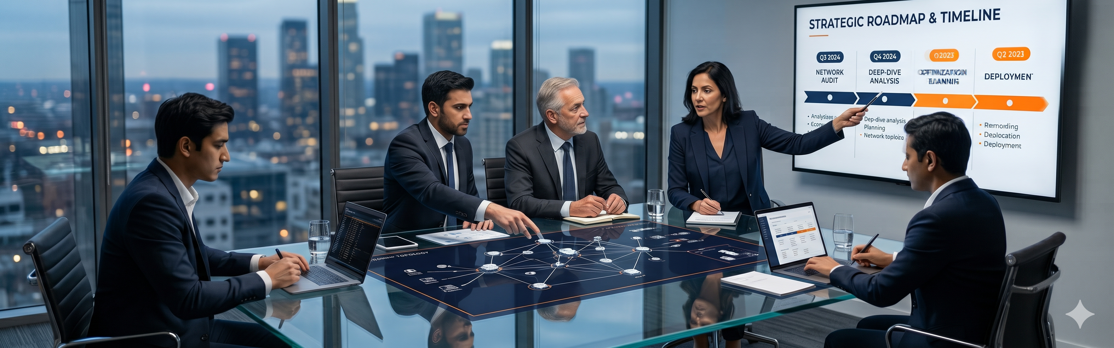 Professional IT consultants analyzing network topology and digital transformation roadmaps during an advisory session.